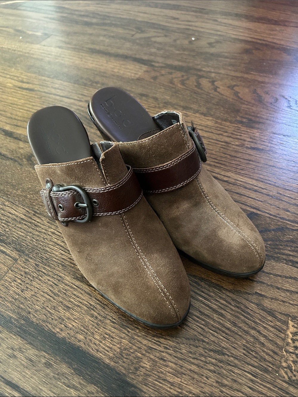 Women’s Brown Suede Slip-On Clog Heels with Buckle Strap